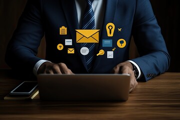 Businessman using tablet for email communication, surrounded by digital icons
