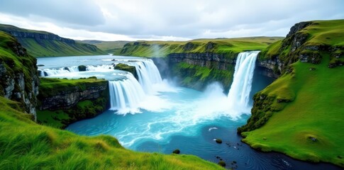 Stunning Skogafoss in Iceland, vibrant green surroundings, flora, image, nature