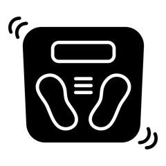 Solid icon illustrating a square digital bathroom scale. It prominently features two foot outlines indicating where to stand, a display screen at the top, and subtle horizontal lines below the screen.
