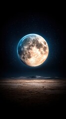 Naklejka premium Captivating Lunar Landscape with Glowing Moon and Starry Sky in the Foreground, Evoking a Sense of Cosmic Wonder and Exploration