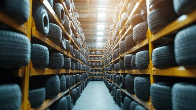 Rows of car tires stacked on metal shelves in a warehouse, photographed with depth focus under bright industrial lighting, concept of inventory storage