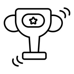 Line icon depicting a trophy, featuring handles and a base. Inside the cup, there's a smaller outline shape, possibly a star or abstract emblem. Curved lines emanate from the top right and bottom left