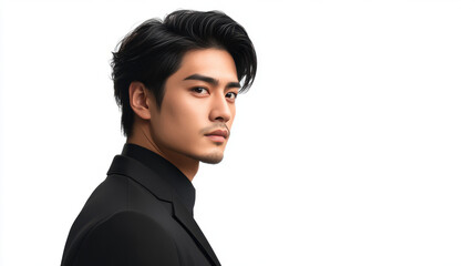 Elegant young man in luxury business fashion with slicked back hair, on white background.