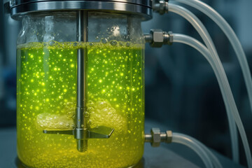 Bioreactor with yellow liquid and bubbles demonstrates bio innovation and engineering laboratory setting for advanced scientific research