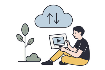 Person sitting with tablet uploading to cloud storage, vector illustration