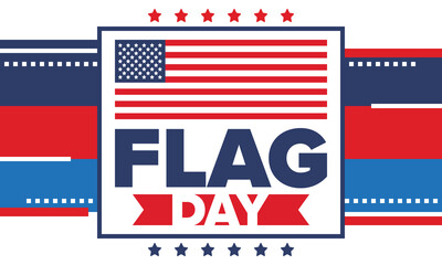 National Flag Day in United States. Holiday celebrated annual June 14 in USA. Patriotic style design with american flag. Poster, greeting card, banner and background. Vector illustration