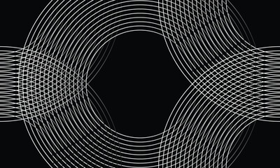 Abstract geometric background with intersecting white curved lines forming a circular pattern on black. Modern and minimal, ideal for tech, science, or futuristic design themes and presentations.