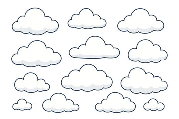 Cartoon collection of various sizes and shapes of white clouds with black outline isolated on white background