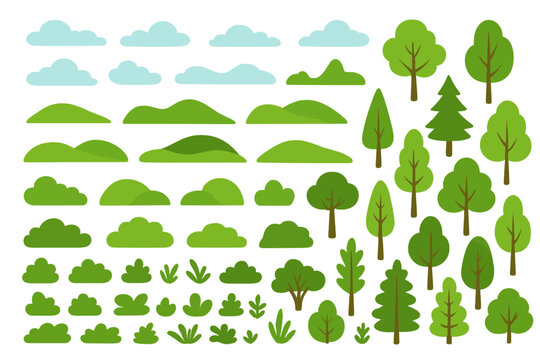 Cartoon nature landscape vector illustration with hills, trees, bushes, clouds isolated on white