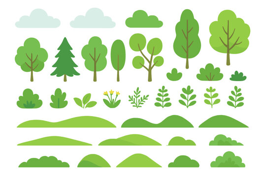 Isolated Set of Green Nature Elements like Trees, Bushes, Hills, Leaves, Flowers, and Clouds Vector Cartoon Illustration