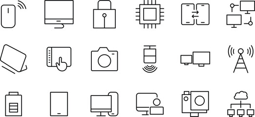 Collection of Minimalist Technology Icons Computer, Network, Camera, and More - 221.eps Vector Illustrations