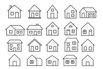 Collection of various houses and buildings vector outline icons for real estate and architectural design purposes