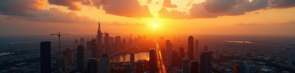 Fototapeta premium Golden sunrise over cityscape, booming construction, gold, sun, cityscape