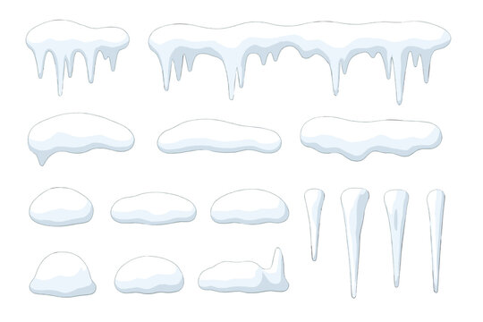 Cartoon snow caps and icicles collection winter season decoration vector set