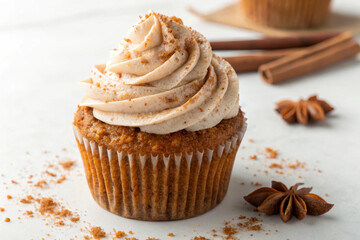 Delicious cupcake with cinnamon frosting and spices, perfect for dessert lovers.