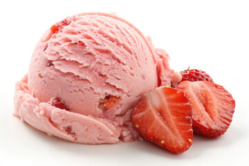 Delicious pink strawberry ice cream scoop with fresh strawberries on white background.