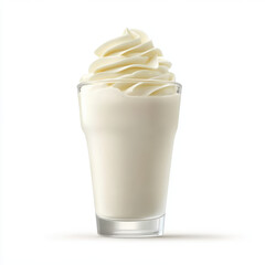 Creamy milkshake in glass with smooth swirl on white background.