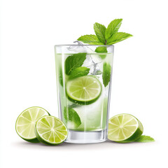 Refreshing lime drink with mint leaves and ice cubes on white background.