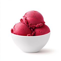 Delicious raspberry sorbet scoops in white bowl on white background.