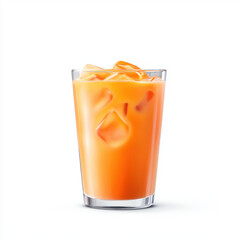Refreshing orange drink with ice in clear glass on white background.