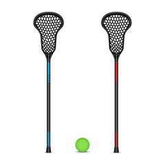 Two of black lacrosse sticks and green ball realistic 3d vector isolated on white background front view with blue and red markings, sports equipment set for training, match or school competition.
