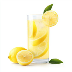 Refreshing lemon drink with slices and whole lemons on white background.
