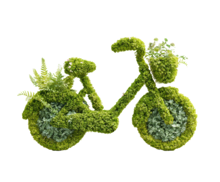 Green bicycle made of plants and flowers for eco-friendly design on a transparent background, cut out