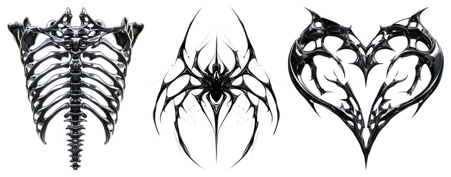 PNG Three intricate, metallic designs: ribcage, spider, heart element set on transparent background.