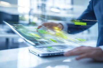 Businessperson interacts with interactive laptop, displaying environmental data