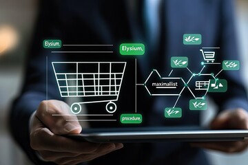 Businessperson holding tablet displaying shopping cart icon and flowchart, symbolizing optimized shopping procedures