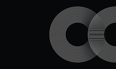Modern abstract background featuring two overlapping circular line patterns on a solid black backdrop. A minimalist, geometric design ideal for digital projects, technology themes, or presentations.