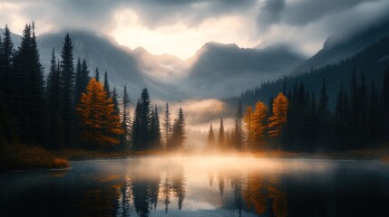 Fototapeta premium Misty mountain lake sunrise, tranquil autumn forest, reflection