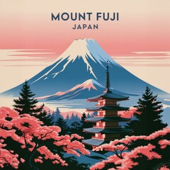Serene Minimalist Travel Poster: Mount Fuji & Pagoda in Soft Coral and Blue Hues