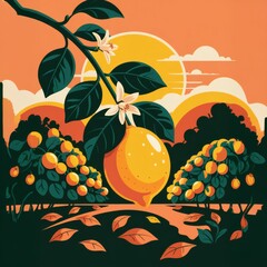 Golden Grove Sunset: A Dreamy Lemon Orchard Illustration in Vibrant Botanicals