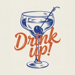 Retro Minimalist Cocktail Print: Blue Line Art with Cherry & Drink Up! Text