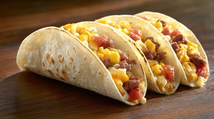 Three breakfast tacos with scrambled eggs, corn, and sausage on a wooden table.