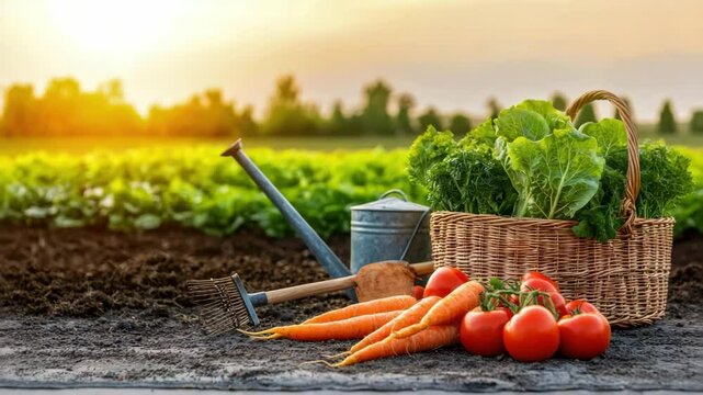 Fresh vegetables, including carrots and tomatoes, in a basket with gardening tools against a vibrant farm backdrop.