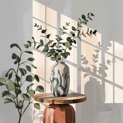 Serene Eucalyptus Still Life: Light and Shadow in a Cozy Interior Retreat