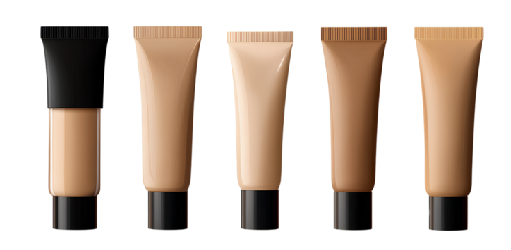 Set of realistic cosmetic tubes with beige liquid foundation on a transparent background.