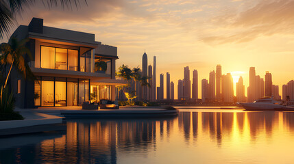 Luxury Real Estate Elegant Villas and City Skyline Wallpaper captures the sophistication exclusivity high-end living. Featuring stunning architecture,modern villas,glowing city skyline,this background