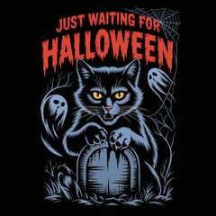 Sinister Halloween Cat: Vivid Spooky Art Print with Ghosts & Blood-Red Typography