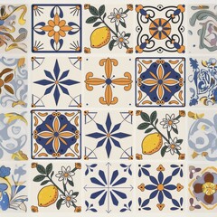 Vibrant Mediterranean Tile Patterns: Hand-Painted Spanish Colonial Art Print