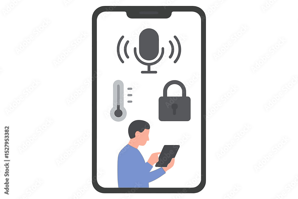 Poster using smartphone for controlling home functions with voice command and security options available