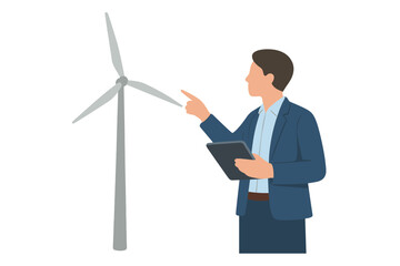 Engineer inspects wind turbine farm using tablet computer vector illustration icon isolated