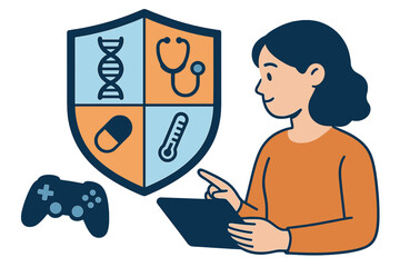 Woman interacting with tablet displaying health and lifestyle information, featuring genetic, medical, pharmaceutical data