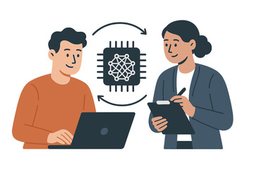 Man using laptop with artificial intelligence concept and woman taking notes