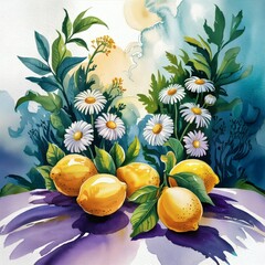 Sunny Lemon Delight: A Lush Watercolor Garden Retreat in Yellow & Blue