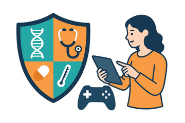 Cartoon of woman interacting with tablet near healthcare icons and video game controller, indicating balanced lifestyle