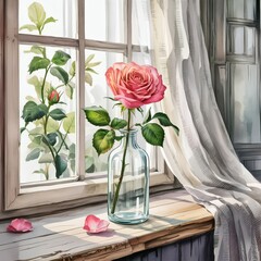 Captivating Pink Rose in Sunlit Glass: Elegant Watercolor on Weathered Windowsill