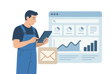 Man using tablet with dashboard statistics and email icon next to him cartoon vector illustration